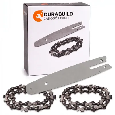 Produktbild von Sägekette & Schwert Set 6 und 8 Zoll für Mini Akku Kettensäge, 2 Ersatzketten + 1 Schwert, 1/4" Teilung, 1,1 mm, 37/45 Treibglieder, rückschlagarm, KI-generiertes Bild