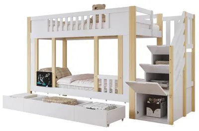 Image de Lit superposé pour enfants - Lit superposé avec escalier - Espace de rangement - 3 tiroirs sur roulettes - Bois massif et MDF - 90 x 200 cm - Blanc/Naturel