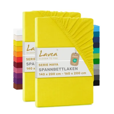 Zdjęcie produktu dla Zestaw 2 sztuk prześcieradeł satynowych Lavea® o wymiarach 140/160x200 cm, wykonanych w 100% z bawełny – miękkie prześcieradła pasujące do materacy o wysokości do 20 cm – kolor: słoneczny żółty