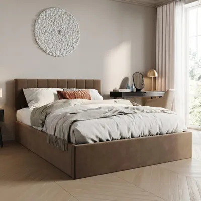 Obrázek produktu pro Čalouněná postel 140 x 200 cm s úložným prostorem a roštem Dvoulůžková postel s hydraulickým úložným prostorem Čalouněná postel Postel s úložným prostorem Pevný rám postele | 160 x 200 cm bronzově béžová