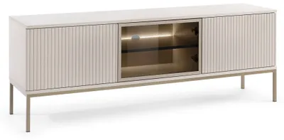 A modern TV cabinet with a ribbed design and a glass-fronted compartment with LED lighting.