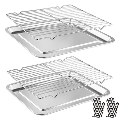 Productafbeelding van Bakplaat met afkoelrooster, roestvrij staal, 40x30x2 cm, inclusief ovenwanten