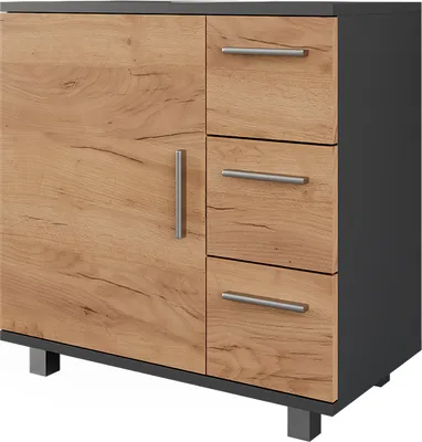 A product shot of a cabinet with a wood-grain finish and gray accents.