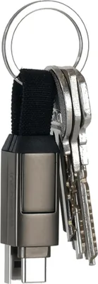A close-up of a dark grey USB-C charging cable attached to a keychain with several keys.