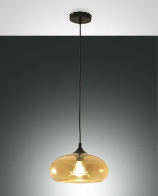 Zdjęcie produktu dla Lampa wisząca Ela 27 cm z metalu i bursztynowego szkła dmuchanego, oprawka E27, nowoczesny i elegancki design do oświetlenia wnętrz