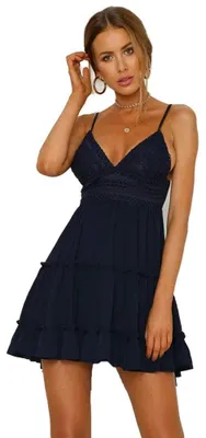 Image de Robe d'été sans manches pour femmes - Décolleté en V avec fines bretelles - Bleu marine