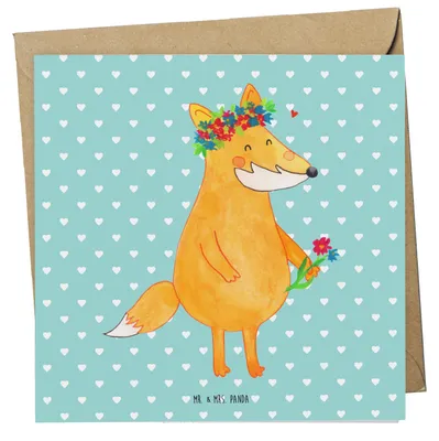 Produktbild von Mr. & Mrs. Panda Grußkarte Fuchs Blumen - Türkis Pastell - Geschenk, Blume, Boho, doppelkarte, Füchse, anlasskarte, Ich, Blumenliebe, faltkarte, Glückwunschkarte