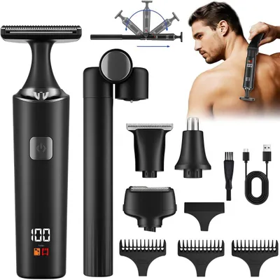 Produktbild von Männer-Rasier-Set geeignet für Rücken und Gesicht, mit 4 Scherköpfen, ausziehbarem und 180° klappbarem Griff, für Nass- und Trockenanwendung