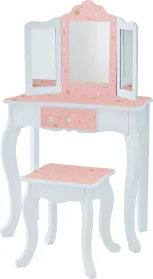 Produktbild von Teamson Kids Little Princess Gisele 2-tlg. Glitzernder Stern Prints Spiel Waschtisch-Set mit Dreifachspiegel, passendem Hocker und Aufbewahrungsschublade, Weiß/Rosa/Gold