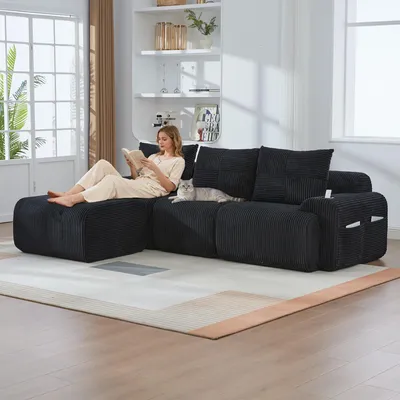 Produktbild von Modulares Cordsofa - 3-Sitzer mit Hockern, Schwarz - Frei kombinierbar - Inklusive Getränkehalter und Aufbewahrungstasche