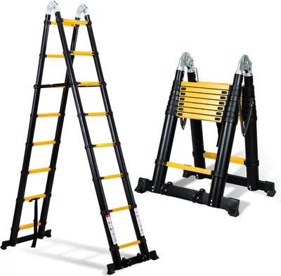 Produktbild von Jayseuw Aluminium Teleskopleiter 5M schwarz, Leiter Ausziehbar Klappleiter, Mehrzweckleiter, Stehleiter, Haushaltsleiter, Außenleiter, 150 kg Belastbarkeit