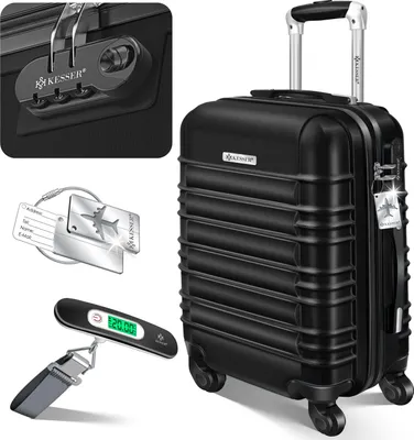 A collage of a black suitcase and its accessories.