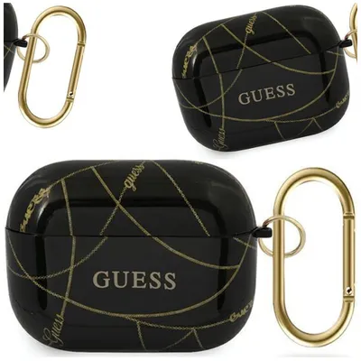 Produktbild von Guess Apple Airpods Pro Silicon Hülle Schwarz Gold Chain Collection Tasche Case