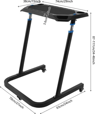 Obrázok produktu pre Stôl k bežeckému pásu – počítačový stôl s nastaviteľnou výškou – výška 87–117 cm – doska 74 x 38 cm – nosnosť 50 kg – kolieska s brzdou – oceľ a hliník – čierna farba