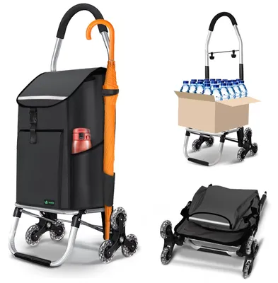Produktbild von VOUNOT® Aluminium Einkaufstrolley Treppensteiger, Trolly Einkaufswagen Klappbar mit Haken 6 Räder, Schwarz
