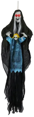 Produktbild von COSTWAY 210 cm hängende sprechende Halloween-Hexe, Halloween Deko mit leuchtenden Augen & gruseligem Sound, Hängedeko mit biegsamen Armen