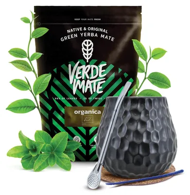 Produktbild von Verde Mate - Mate Tee Set Organica 400g - Yerba Mate Dicke Blätter 5mm - Keramik Becher Dunkel 400ml - Edelstahl Bombilla - Luftgetrocknet Mild