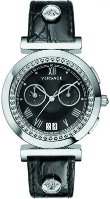 Produktbild von Versace VA9010013 Vanity Chronograph silber schwarz Leder Armband Uhr Damen NEU