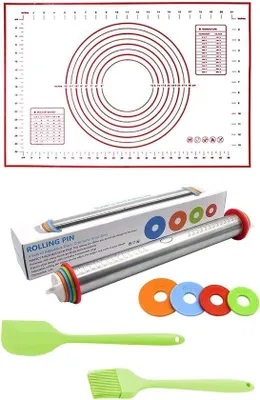 Produktbild von Famanu Teigroller aus Edelstahl mit Silikonmatte - inklusive 4 abnehmbaren Ringen