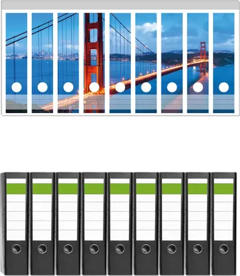 Produktbild von Wallario 9 Stück breite Ordner inkl. Klebeetiketten mit Motive Golden Gate Bridge in San Francisco  USA -  Set mit Rückenschildern / Ordnerrücken Stickern