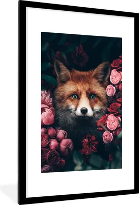 Produktbild von MuchoWow® Gerahmtes Poster Fuchs - Blumen - Tiere 60x90 cm - Poster mit Schwarzem Bilderrahmen Wandposter Rahmen Foto Bilder - Dekoration - Wandposter Wohnzimmer - Hochwertig