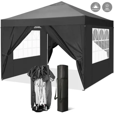 A black pop-up gazebo with windows, shown with its folded frame and carrying bag.