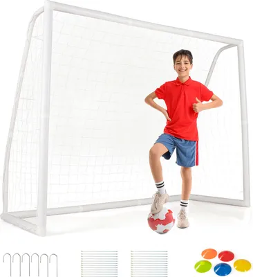 Produktbild von GOPLUS Fußballtor, 245x90x182 cm Fussballtore Outdoor mit abriebfestem Netz & bunten Kegeln, wetterfestes Fußballtor, Outdoor Torwand für Freizeit & Training, Soccertor