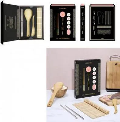 Produktbild von Sushi-Set aus Bambus im Buchbox-Design mit Bambusmatte, Reislöffel, Spatel und Essstäbchen