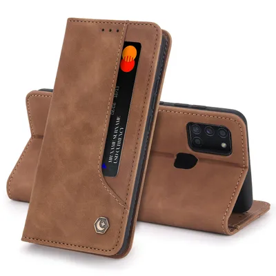 A brown leather-look phone case with a card slot is shown with a smartphone inside.