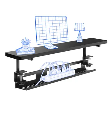 Produktbild von FLEXISPOT Monitorständer mit Klemme, 2 Ablagen, Kabelmanagement, 20 kg Tragkraft, 100 x 20 cm, bis 25 mm Tischplatte, Schwarz