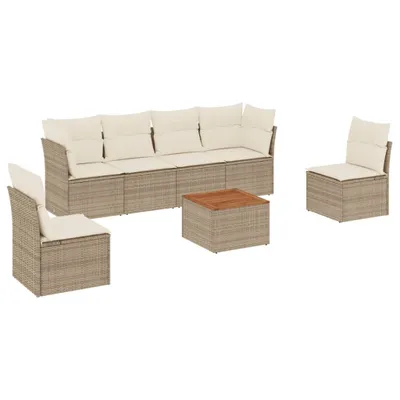Produktbild von Modulare 7-tlg. Garten-Sofagarnitur, Beige Poly Rattan, mit Stauraum, wasserabweisendem Beutel, Akazienholz-Tisch, abnehmbaren Kissenbezügen