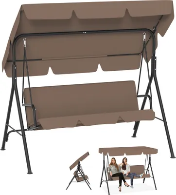Produktbild von UISEBRT 3-Sitzer Hollywoodschaukel Braun, 193x110x152cm mit verstellbarem Sonnendach, Komfortkissen und Anti-Rutsch-Füßen, bis 200 kg, wetterfeste Gartenschaukel für Garten und Balkon