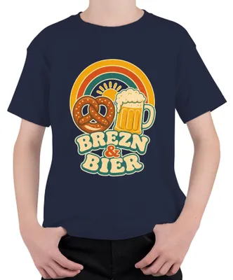 Zdjęcie produktu dla Brezn & Bier: Koszulka dla dzieci, motyw , Bawaria, Wiesn, wzór Lederhose (krótkie spodnie) lub Dirndl (sukienka), kolor granatowy, rozmiar 116