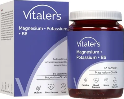 Produktbild von Vitaler's Magnesium 100 mg + Kalium 150 mg + Vitamin B6 6 mg – 60 Kapseln, Vegan, Reine Zusammensetzung, Ohne Zusatzstoffe