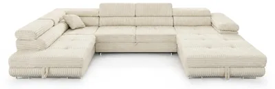 Produktbild von Wohnlandschaft Cordo U-Form XXL 345 cm Schlaffunktion 2 Bettkästen Breitcord Creme Links