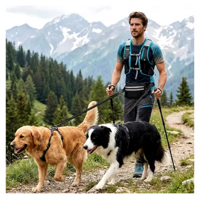 Produktbild von Hundeleine mit verstellbarem Hüftgurt, stoßdämpfend, reflektierende Bungee-Nähte, für mittelgroße und große Hunde, zum Laufen und Wandern, abnehmbare Tasche, Schwarz (für 2 Hunde)
