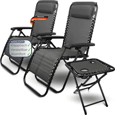 Produktbild von 2er Set Liegestuhl Klappbar BRUK - Mit Klapptisch | Gartenstühle Hochlehner mit Kopfkissen Campingstuhl Wetterfest Klappstuhl, Anthrazit