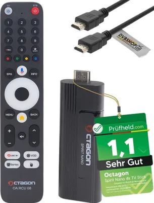 A remote control and a TV stick are displayed against a white background, with some promotional text and logos visible.