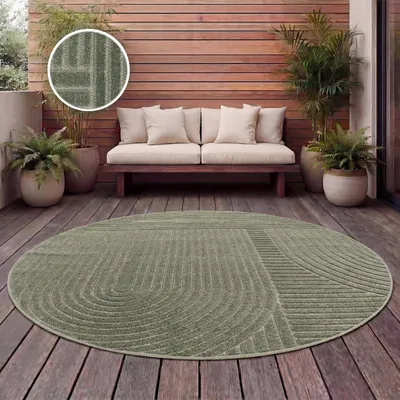 Produktbild von Outdoor Teppich Wetterfest Balkon Wohnzimmer Skandinavisches Boho Einfarbig Grün Grösse 160 cm Rund