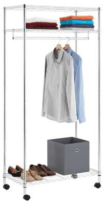 Produktbild von Garderobenwagen BRINDISI, 3 Ablageflächen & Kleiderstange - mobiler, Kleiderständer auf Rollen [150kg Traglast], Rollgarderobe, chrom