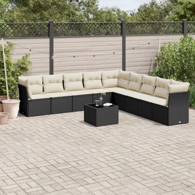 Produktbild von Design 10-tlg. Garten-Sofagarnitur mit Kissen Schwarz Poly Rattan, Gartenmöbel-Sets 2024 Neu