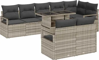 Immagine prodotto di Set da giardino composto da 9 pezzi, con 8 posti a sedere, in rattan sintetico color grigio chiaro