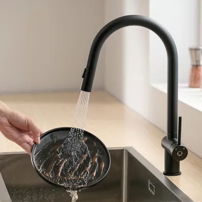 Produktbild von CECIPA Hochdruck Küchenarmatur mit Brause Ausziehbar, Einhebel Mischbatterie für Küche mit 2 Strahlarten, Spültischarmatur Küche Edelstahl 360° Drehbar,Schwarz
