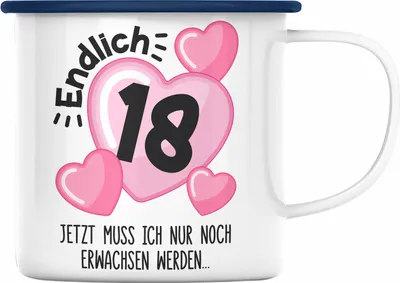 Produktbild von Trendation - 18. Geburtstag Emaille Tasse Geschenk Mädchen Geschenkidee Lustig Spruch 18 Geschenke Geschenkideen zum 18 Bday 18er (Blau)