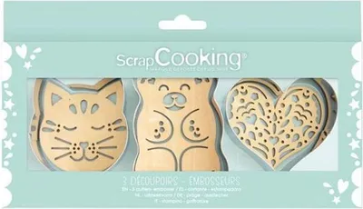 Imagen del producto de 3 moldes de acero inoxidable para galletas + 3 cortadores de madera, con forma de gato, osito de peluche y corazón
