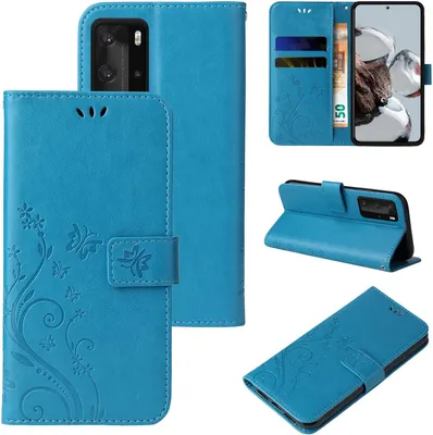 Produktbild von Handyhülle für Huawei P40 Pro Floral Blumen Schmetterling Flip Cover Hülle Case Klapphülle Handytasche Farbe: Blau