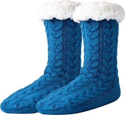 Produktbild von ASKSA Kuschelsocken Damen Herren Dicke Flauschige Socken mit Greifern Weiche Warme Winter Hu?ttensocken Haussocken, Seeblau, Groesse: EU 36-44