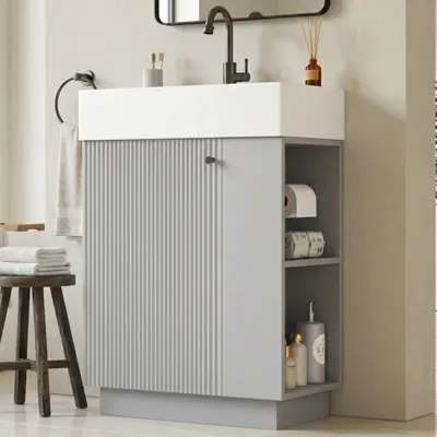Produktbild von Merax Waschbeckenunterschrank mit Keramik Waschbecken, Badezimmerschrank mit Toilettenpapierhalter, UnterschrankSoft-Close, Stauraum, Rillenoptik,Grau