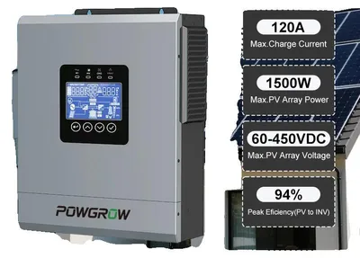 Zdjęcie produktu dla Hybrydowy falownik solarny, 6500 W, 48 V, maksymalny prąd wejściowy paneli fotowoltaicznych 120 A, zakres napięcia MPPT 60–450 V DC, moc przy przepięciu 12 kVA