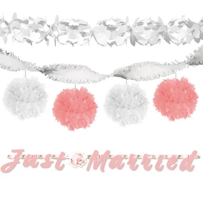 Produktbild von Hochzeitsdekoration Just Married Rosa Weiß inkl. 4x Seidenpapier Pompoms 30cm und 3x Girlanden